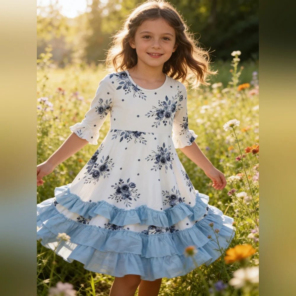 Oopsie Daisy Blue Floral Long Ruffle Dress - Picture 2 of 6